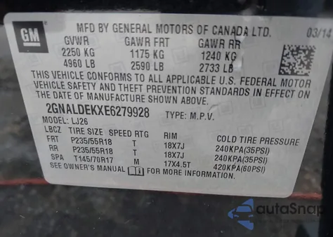 2014 Chevrolet Equinox Ltz from USA, damaged, VIN 2GNALDEKXE6279928